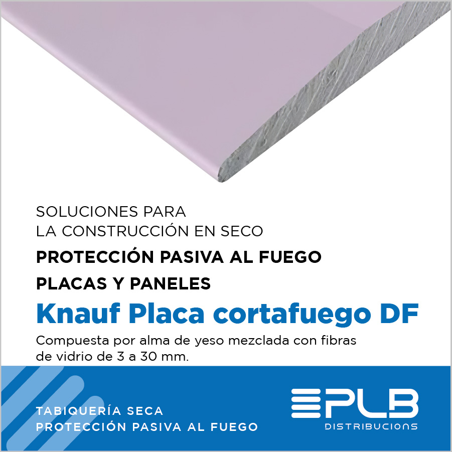KNAUF PLACA CORTAFUEGO DF. Compuesta por alma de yeso mezclada con fibras de vidrio de 3 a 30 mm.