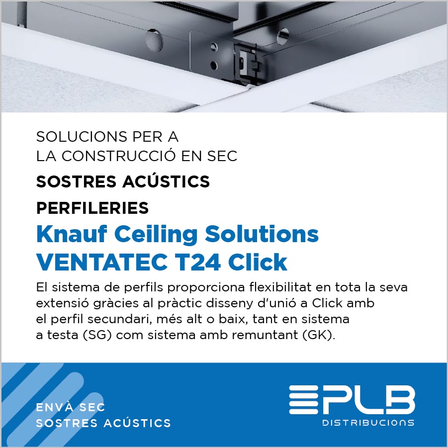 La perfileria VENTATEC Performance T24 Click de Knauf Ceiling Solutions ofereix una solució innovadora i flexible per a la instal·lació de sostres acústics en sistemes de construcció en sec.