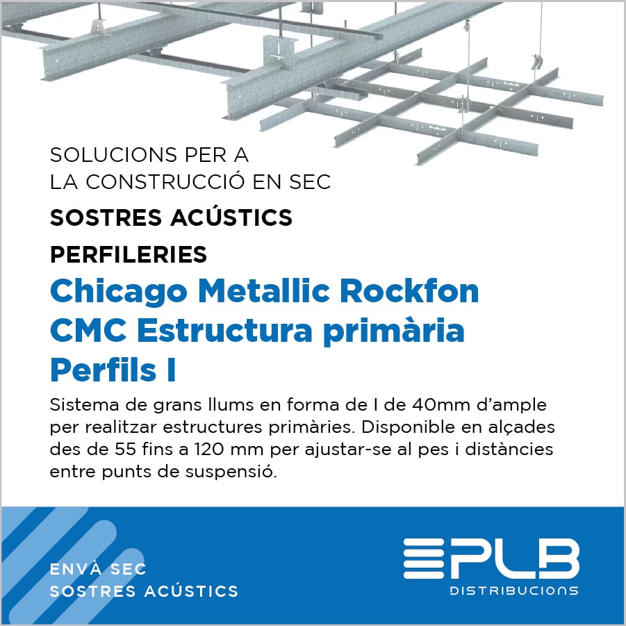 La perfileria CMC ESTRUCTURA PRIMÀRIA-PERFILS I de Chicago Metallic Rockfon ofereix una solució tècnica i funcional per a la instal·lació de sostres acústics en sistemes de construcció en sec.