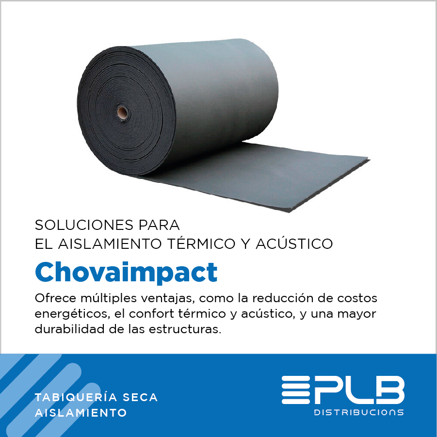 CHOVAIMPACT es una lámina destinada a reducir la transmisión del ruido de impacto generado por pisadas, golpes o desplazamientos sobre el pavimento